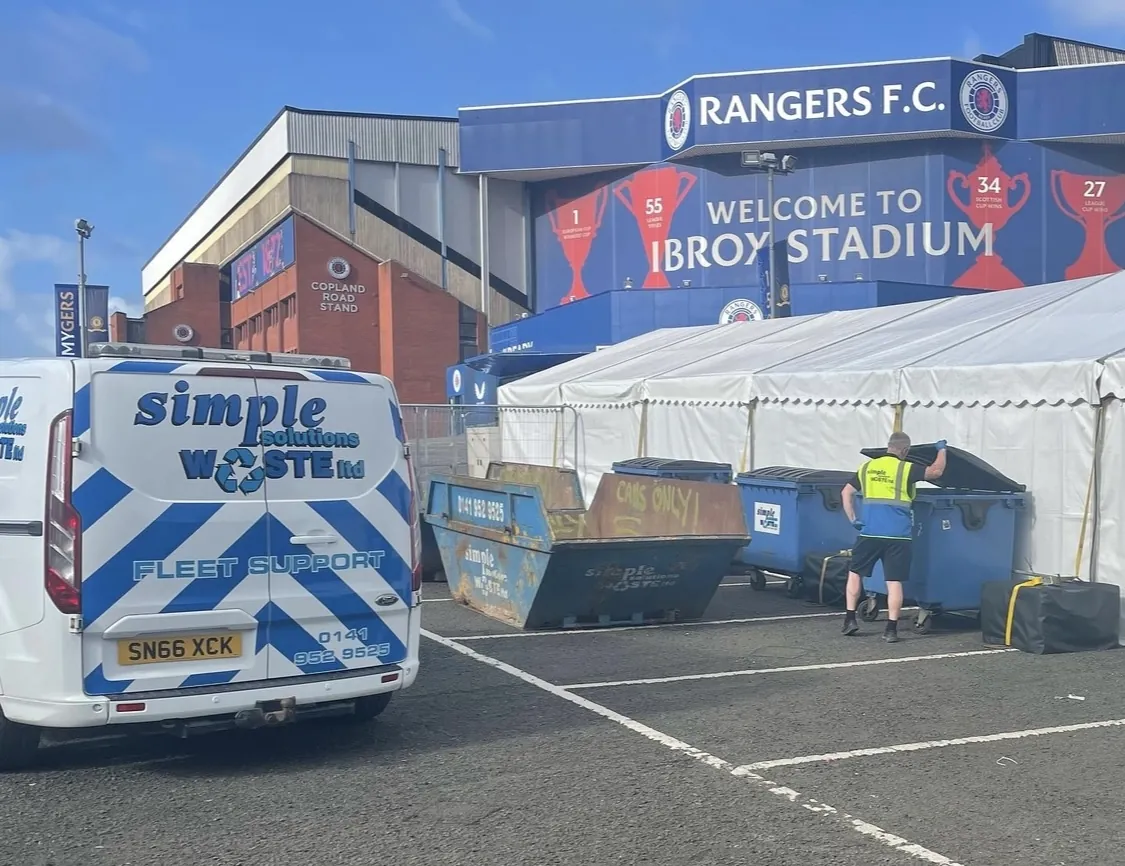SWS fleet support van, waste containers and operative at Ibrox Stadium